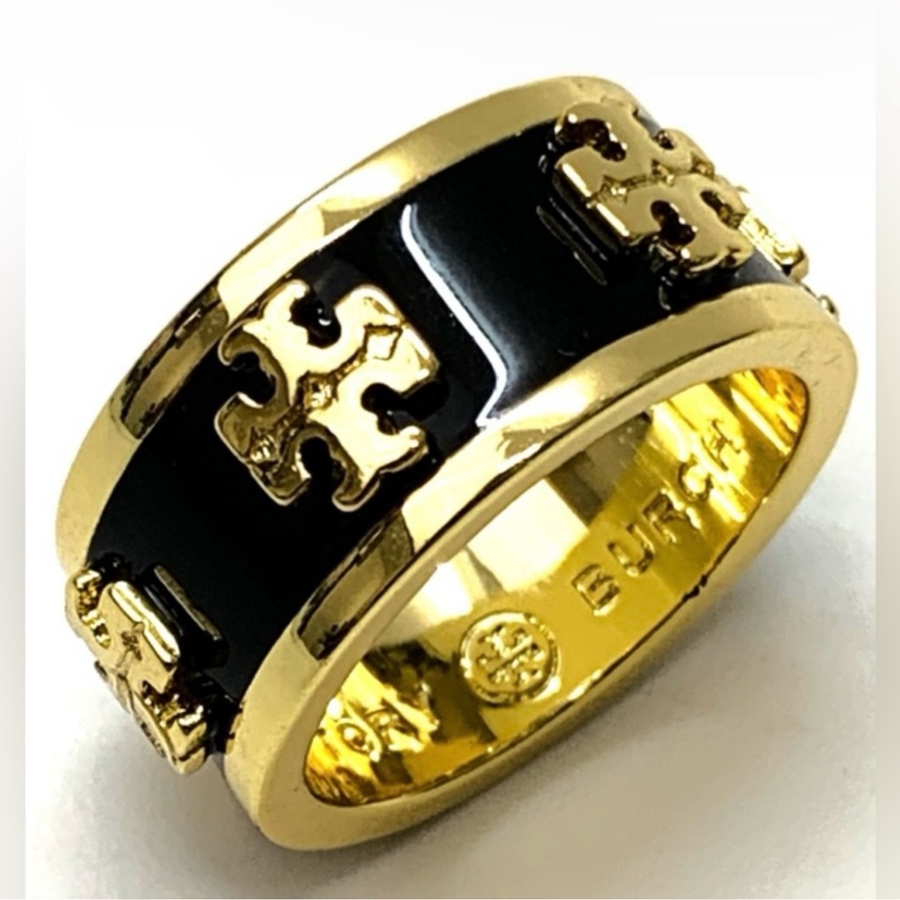 Tory Burch Black Enamel and Gold Logo Ring